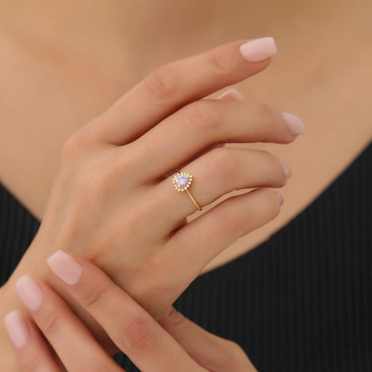 Alexandrite Heart Ring by 16 Real Diamonds in 14K Solid Gold, June Birthstone Jewelry Queen Jewelry Rings