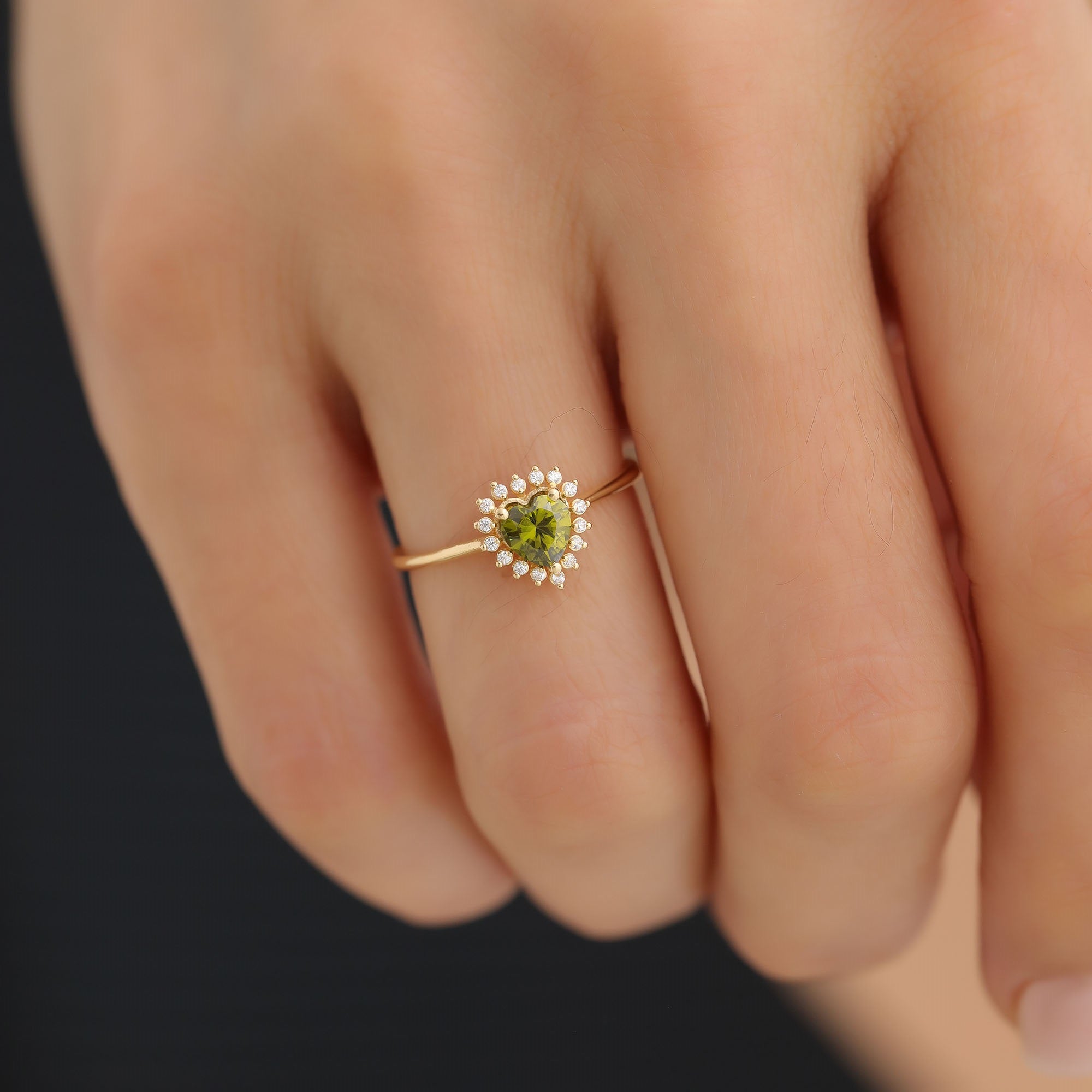 Peridot Heart Ring by 16 Real Diamonds in 14K Solid Gold, August Birthstone Jewelry Queen Jewelry Rings