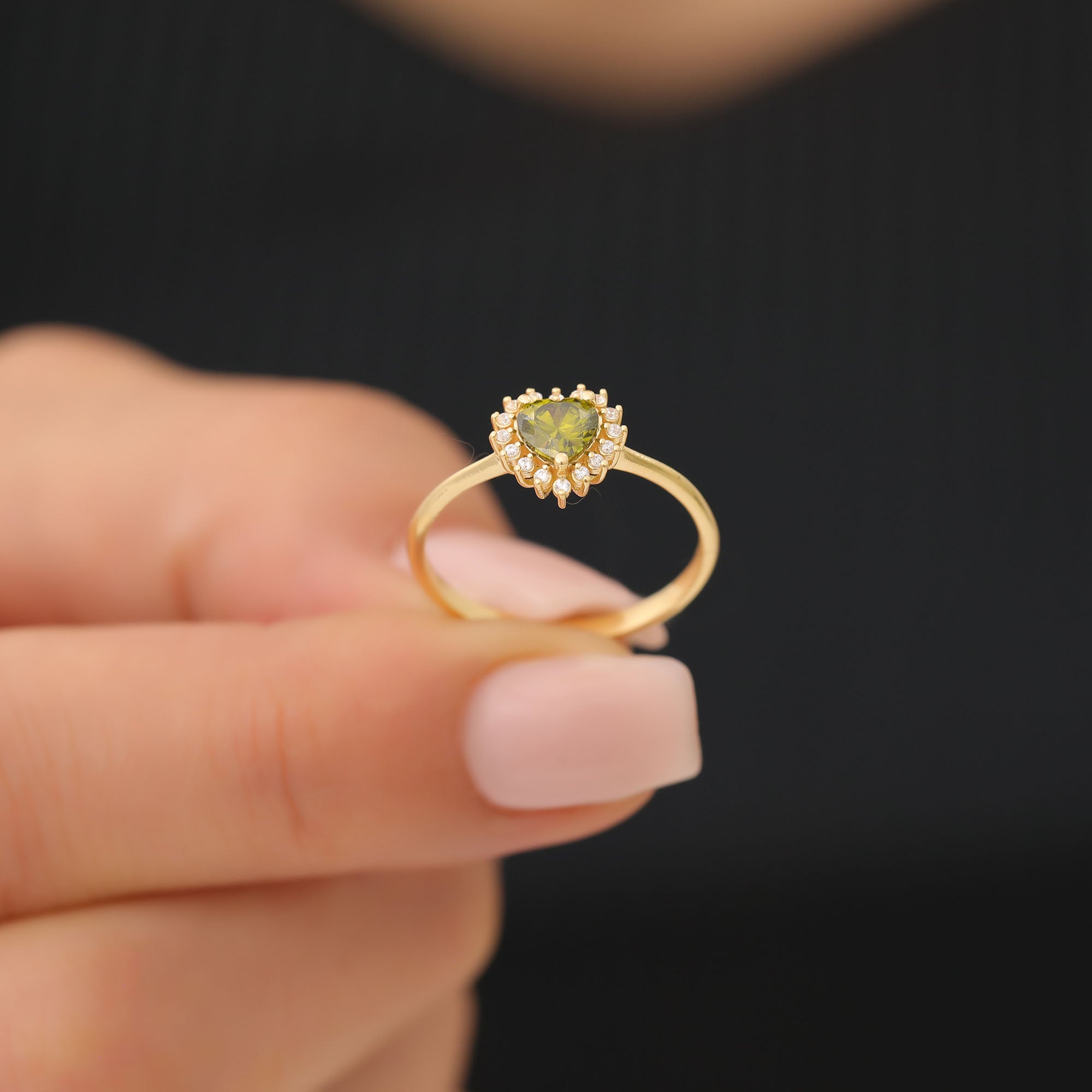 Peridot Heart Ring by 16 Real Diamonds in 14K Solid Gold, August Birthstone Jewelry Queen Jewelry Rings