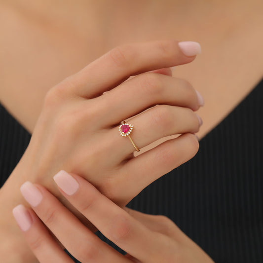 Ruby Heart Ring by 16 Real Diamonds in 14K Solid Gold, July Birthstone Jewelry Queen Jewelry Rings