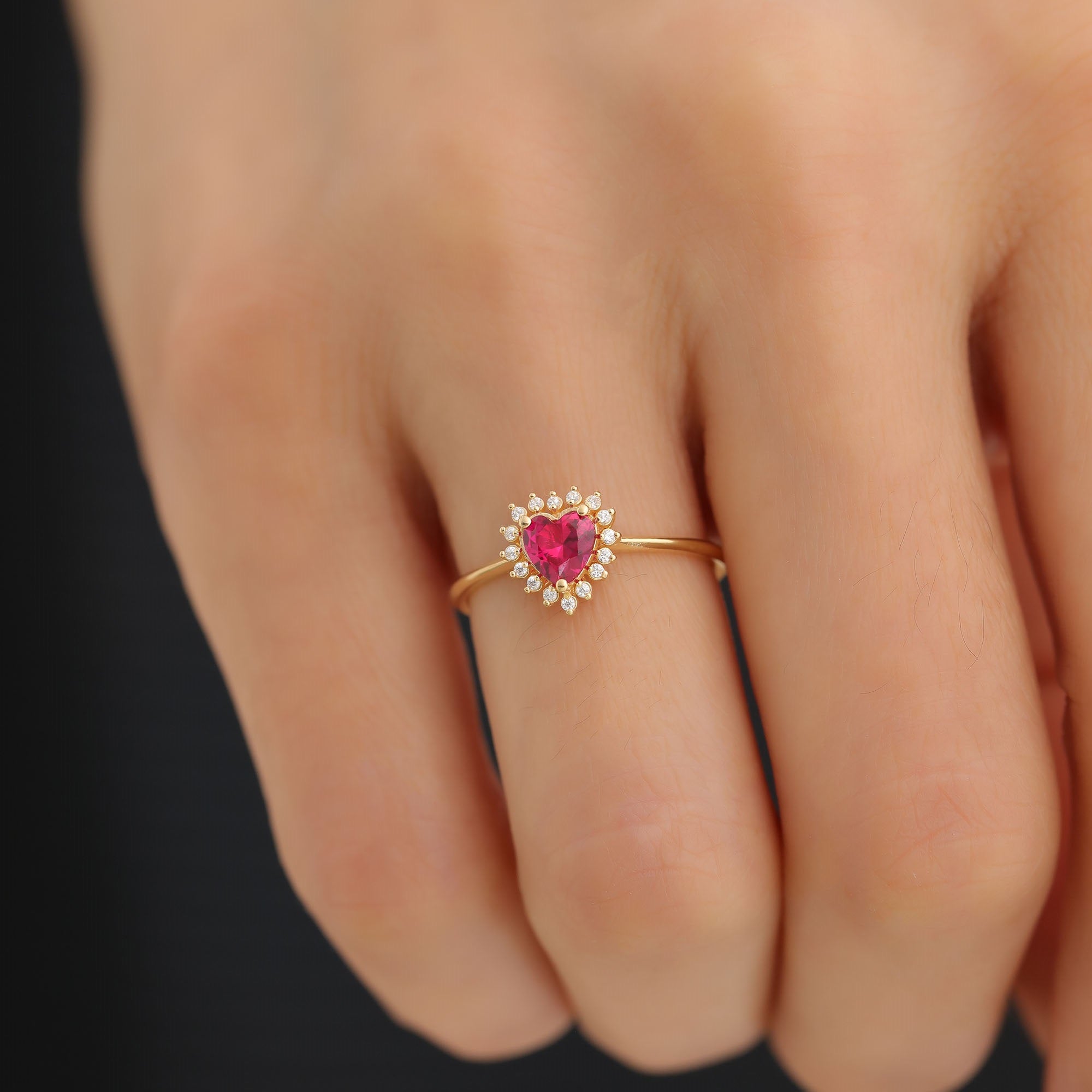 Ruby Heart Ring by 16 Real Diamonds in 14K Solid Gold, July Birthstone Jewelry Queen Jewelry Rings