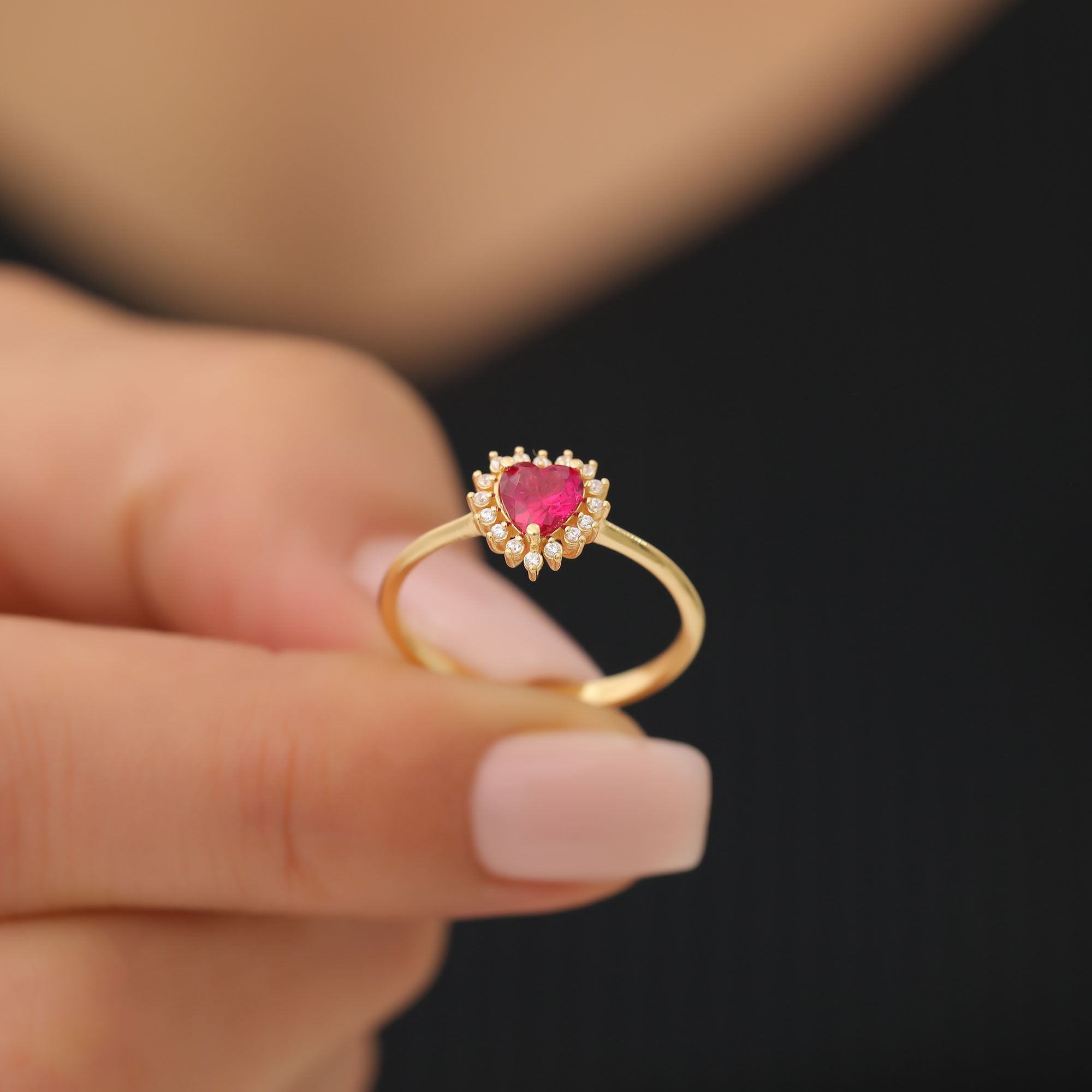 Ruby Heart Ring by 16 Real Diamonds in 14K Solid Gold, July Birthstone Jewelry Queen Jewelry Rings