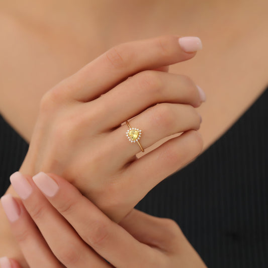 Yellow Topaz Heart Ring by 16 Real Diamonds in 14K Solid Gold, Birthstone Jewelry Queen Jewelry Rings