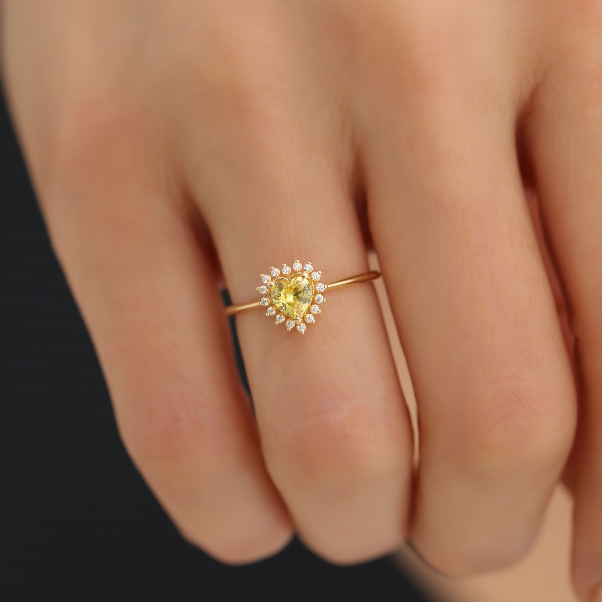Yellow Topaz Heart Ring by 16 Real Diamonds in 14K Solid Gold, Birthstone Jewelry Queen Jewelry Rings