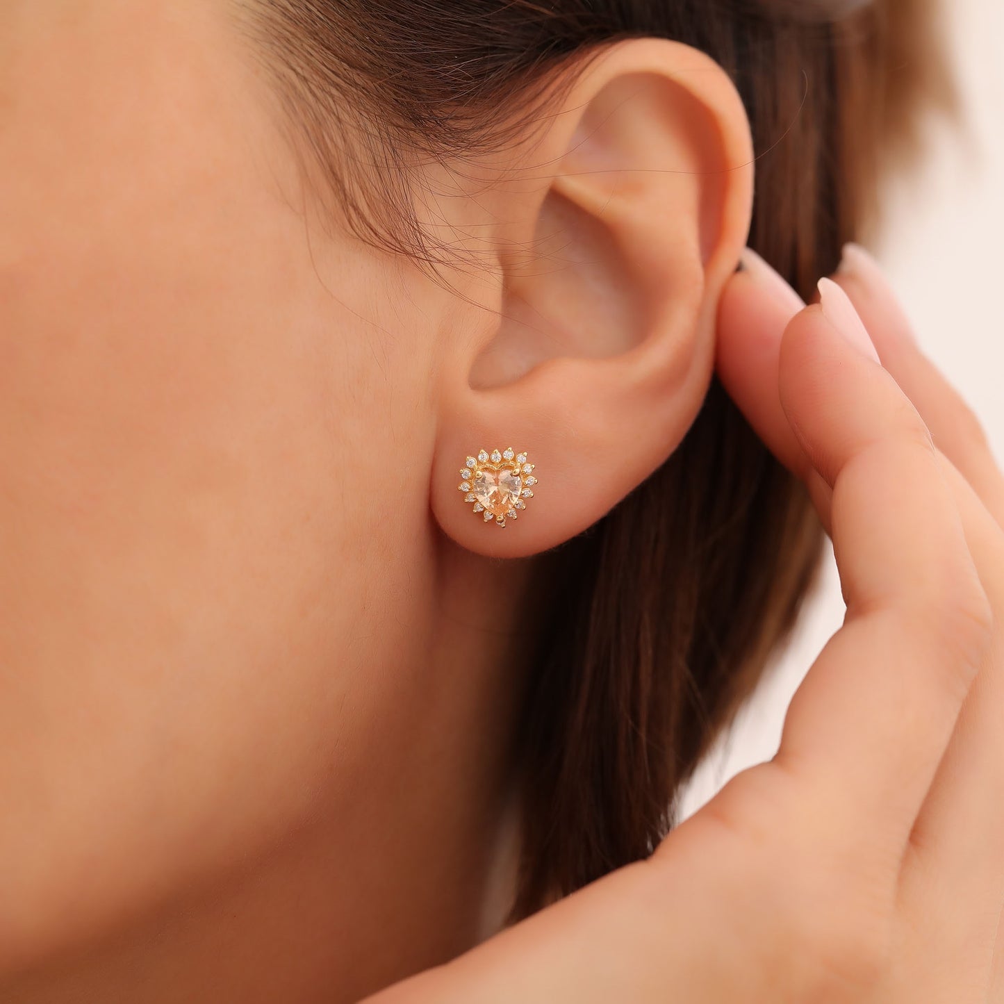 Citrine Heart Shaped Stud Earring in 14K Solid Gold surrounded by Real Diamonds, November Birthstone Jewelry Queen Jewelry Earrings