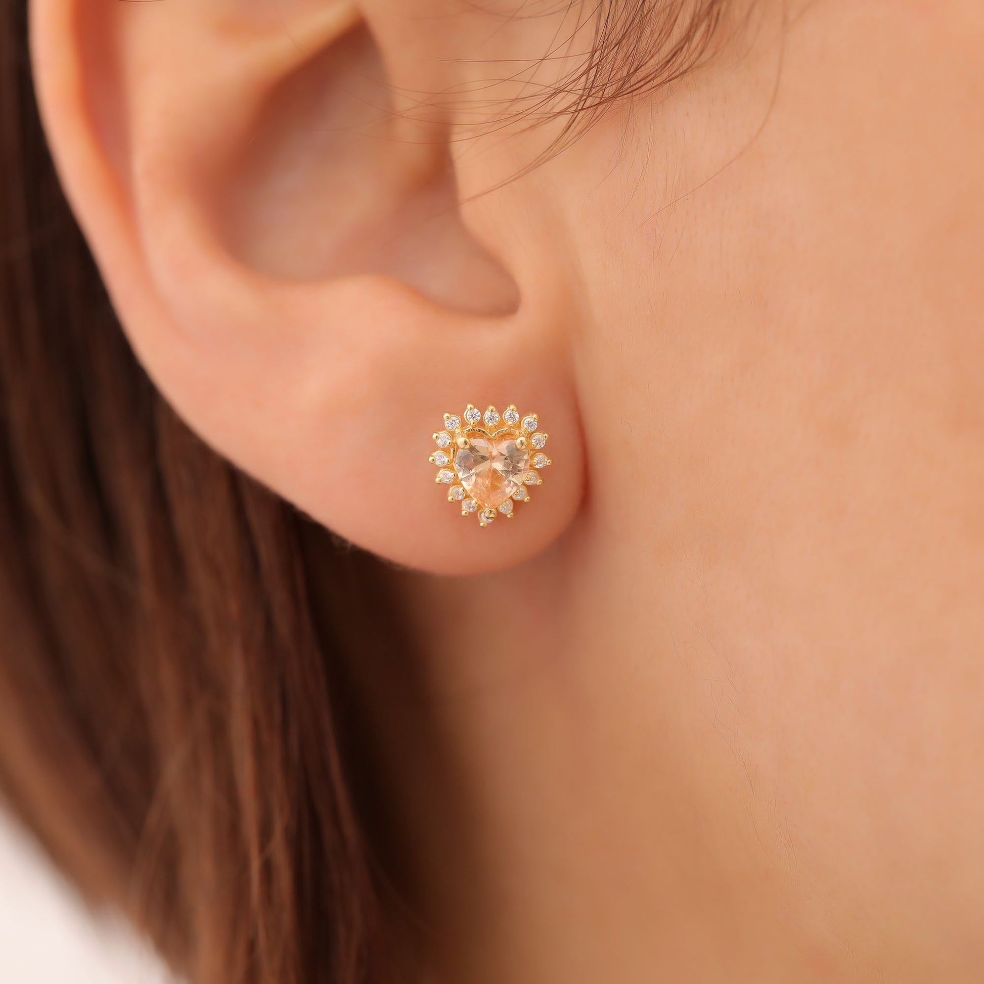 Citrine Heart Shaped Stud Earring in 14K Solid Gold surrounded by Real Diamonds, November Birthstone Jewelry Queen Jewelry Earrings