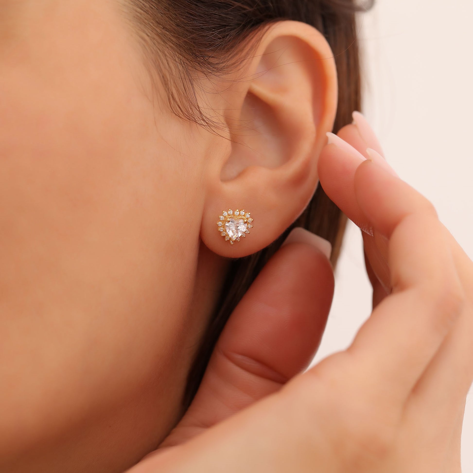 White Topaz Heart Shaped Stud Earring in 14K Solid Gold surrounded by Real Diamonds, April Birthstone Jewelry Queen Jewelry Earrings