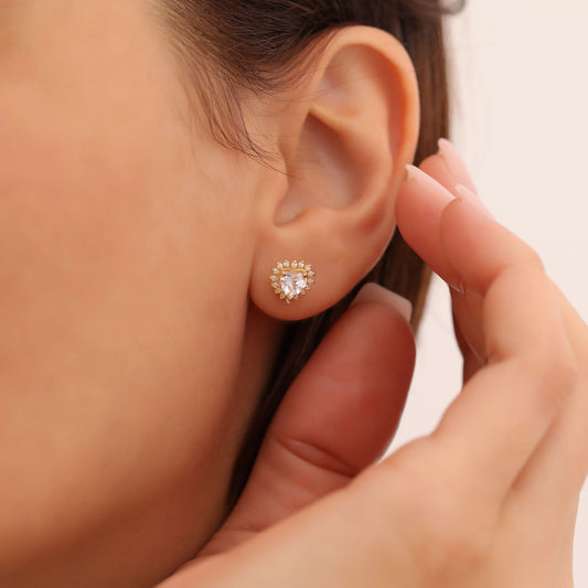 White Topaz Heart Shaped Stud Earring in 14K Solid Gold surrounded by Real Diamonds, April Birthstone Jewelry Queen Jewelry Earrings