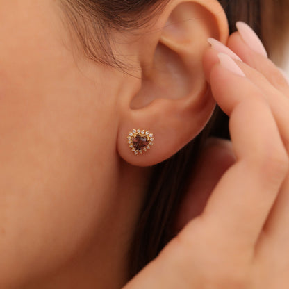 Smoky Quartz Heart Shaped Stud Earring in 14K Solid Gold surrounded by Real Diamonds, Birthstone Jewelry Queen Jewelry Earrings