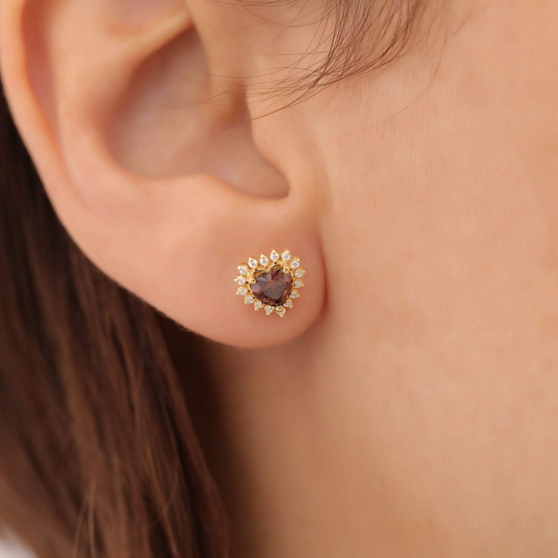 Smoky Quartz Heart Shaped Stud Earring in 14K Solid Gold surrounded by Real Diamonds, Birthstone Jewelry Queen Jewelry Earrings