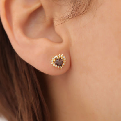 Smoky Quartz Heart Shaped Stud Earring in 14K Solid Gold surrounded by Real Diamonds, Birthstone Jewelry Queen Jewelry Earrings