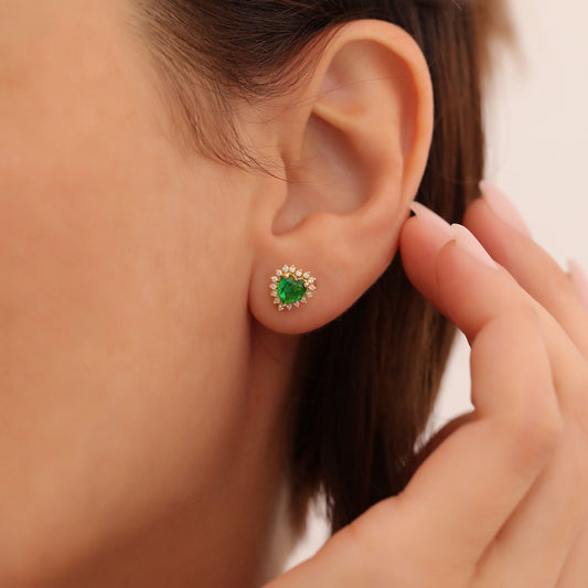 Emerald Heart Shaped Stud Earring in 14K Solid Gold surrounded by Real Diamonds, May Birthstone Jewelry Queen Jewelry Earrings