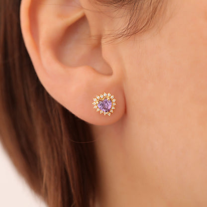 Amethyst Heart Shaped Stud Earring in 14K Solid Gold surrounded by Real Diamonds, February Birthstone Jewelry Queen Jewelry Earrings