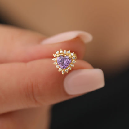 Amethyst Heart Shaped Stud Earring in 14K Solid Gold surrounded by Real Diamonds, February Birthstone Jewelry Queen Jewelry Earrings