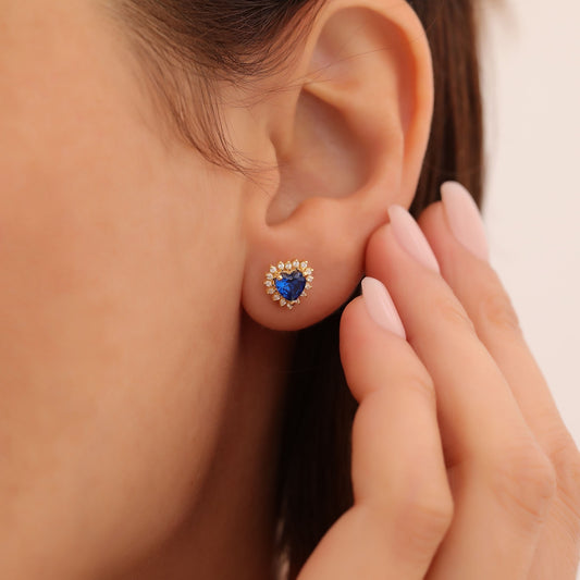Sapphire Heart Shaped Stud Earring in 14K Solid Gold surrounded by Real Diamonds, September Birthstone Jewelry Queen Jewelry Earrings