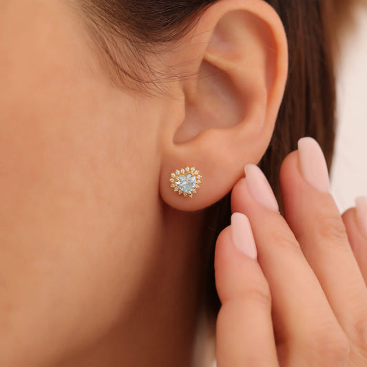 Aquamarine Heart Shaped Stud Earring in 14K Solid Gold surrounded by Real Diamonds, March Birthstone Jewelry Queen Jewelry Earrings