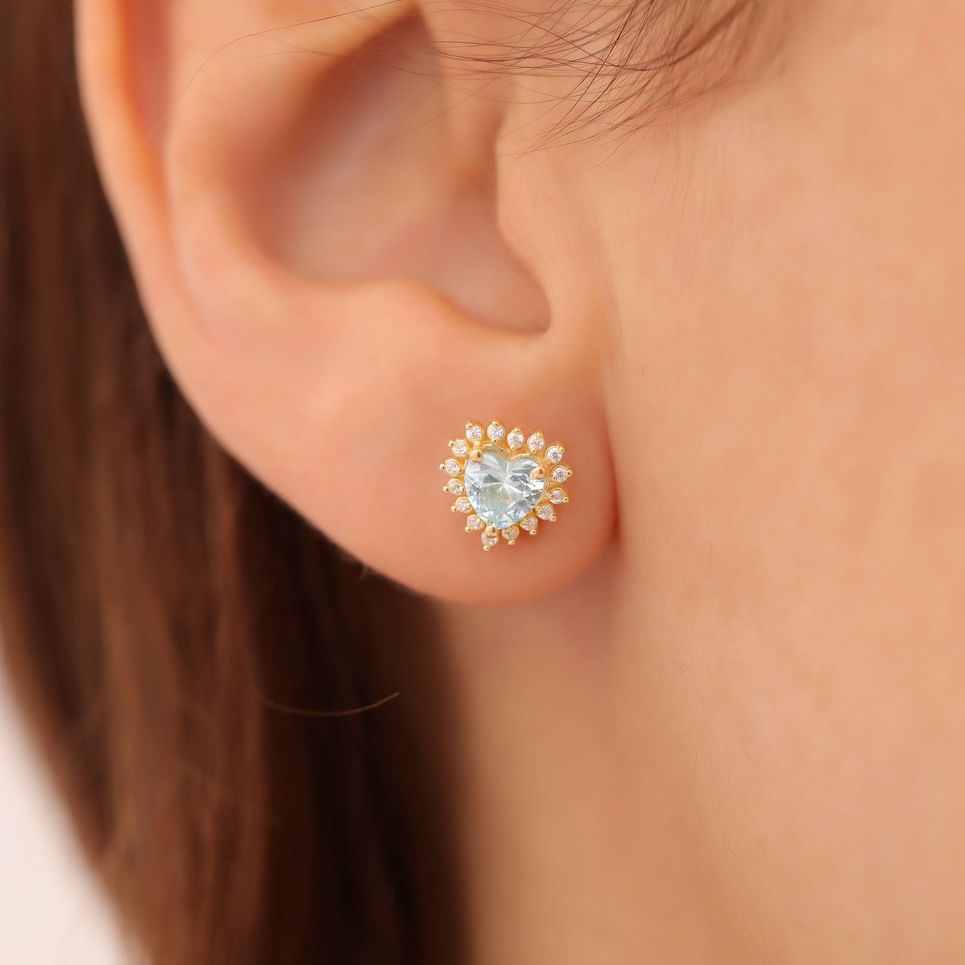 Aquamarine Heart Shaped Stud Earring in 14K Solid Gold surrounded by Real Diamonds, March Birthstone Jewelry Queen Jewelry Earrings