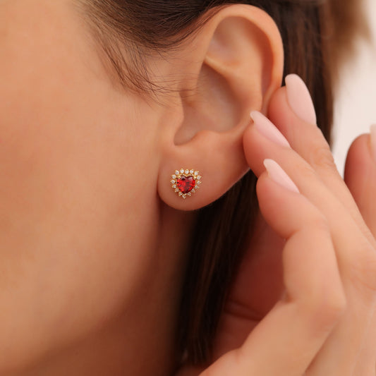 Garnet Heart Shaped Stud Earring in 14K Solid Gold surrounded by Real Diamonds, January Birthstone Jewelry Queen Jewelry Earrings