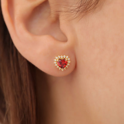 Garnet Heart Shaped Stud Earring in 14K Solid Gold surrounded by Real Diamonds, January Birthstone Jewelry Queen Jewelry Earrings