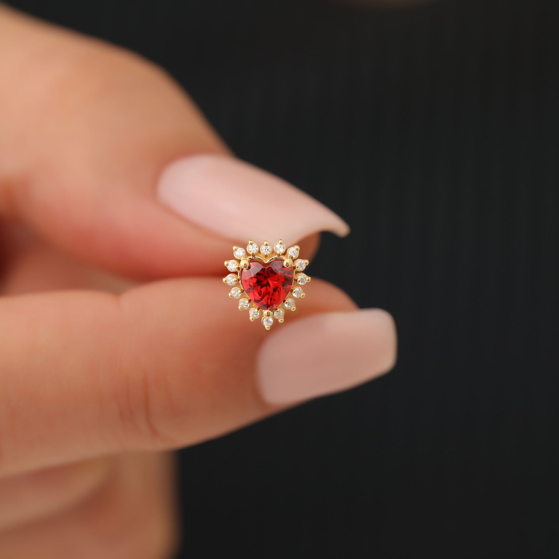 Garnet Heart Shaped Stud Earring in 14K Solid Gold surrounded by Real Diamonds, January Birthstone Jewelry Queen Jewelry Earrings
