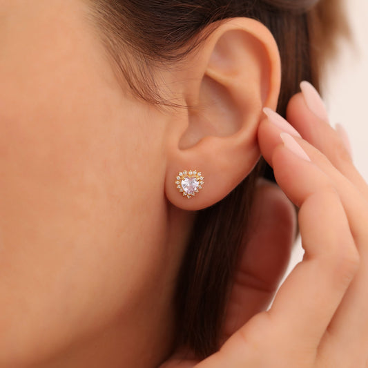 Alexandrite Heart Shaped Stud Earring in 14K Solid Gold surrounded by Real Diamonds, June Birthstone Jewelry Queen Jewelry Earrings