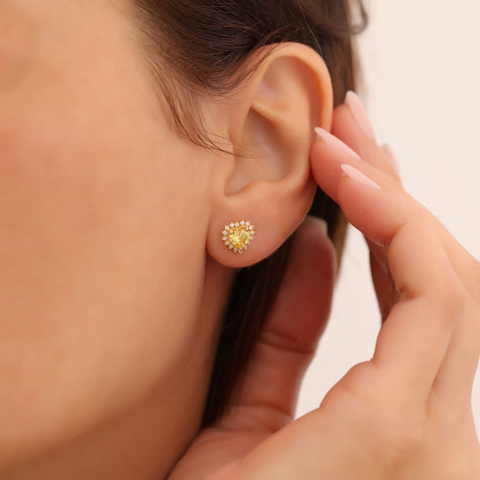 Yellow Topaz Heart Shaped Stud Earring in 14K Solid Gold surrounded by Real Diamonds, Birthstone Jewelry Queen Jewelry Earrings