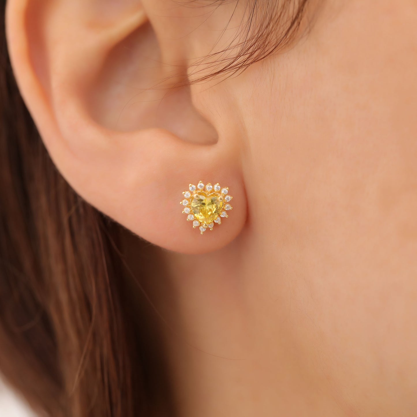 Yellow Topaz Heart Shaped Stud Earring in 14K Solid Gold surrounded by Real Diamonds, Birthstone Jewelry Queen Jewelry Earrings
