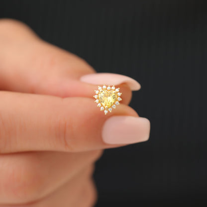 Yellow Topaz Heart Shaped Stud Earring in 14K Solid Gold surrounded by Real Diamonds, Birthstone Jewelry Queen Jewelry Earrings