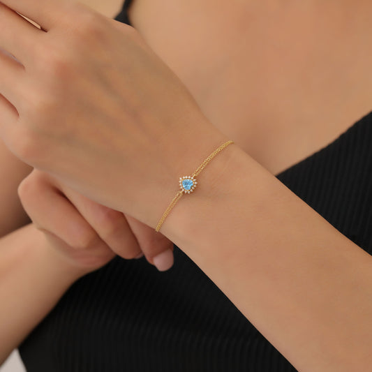 Blue Topaz Heart Bracelet by 16 Real Diamonds in 14K Solid Gold, December Birthstone Jewelry Queen Jewelry Bracelet