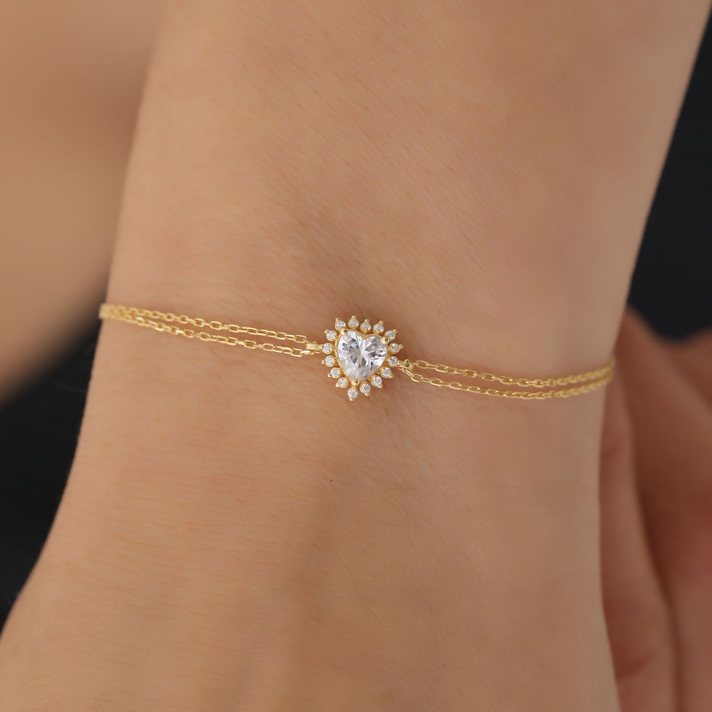 White Topaz Heart Bracelet by 16 Real Diamonds in 14K Solid Gold, April Birthstone Jewelry Queen Jewelry Bracelet