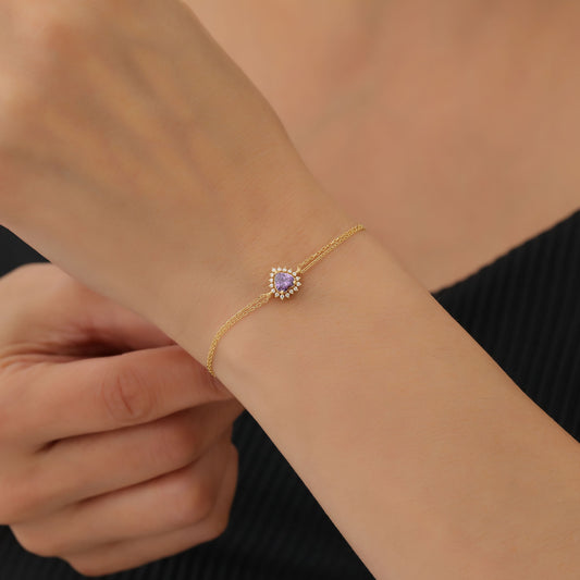 Amethyst Heart Bracelet by 16 Real Diamonds in 14K Solid Gold, February Birthstone Jewelry Queen Jewelry Bracelet