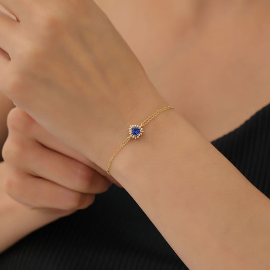 Sapphire Heart Bracelet by 16 Real Diamonds in 14K Solid Gold, September Birthstone Jewelry Queen Jewelry Bracelet