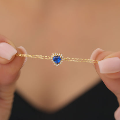 Sapphire Heart Bracelet by 16 Real Diamonds in 14K Solid Gold, September Birthstone Jewelry Queen Jewelry Bracelet