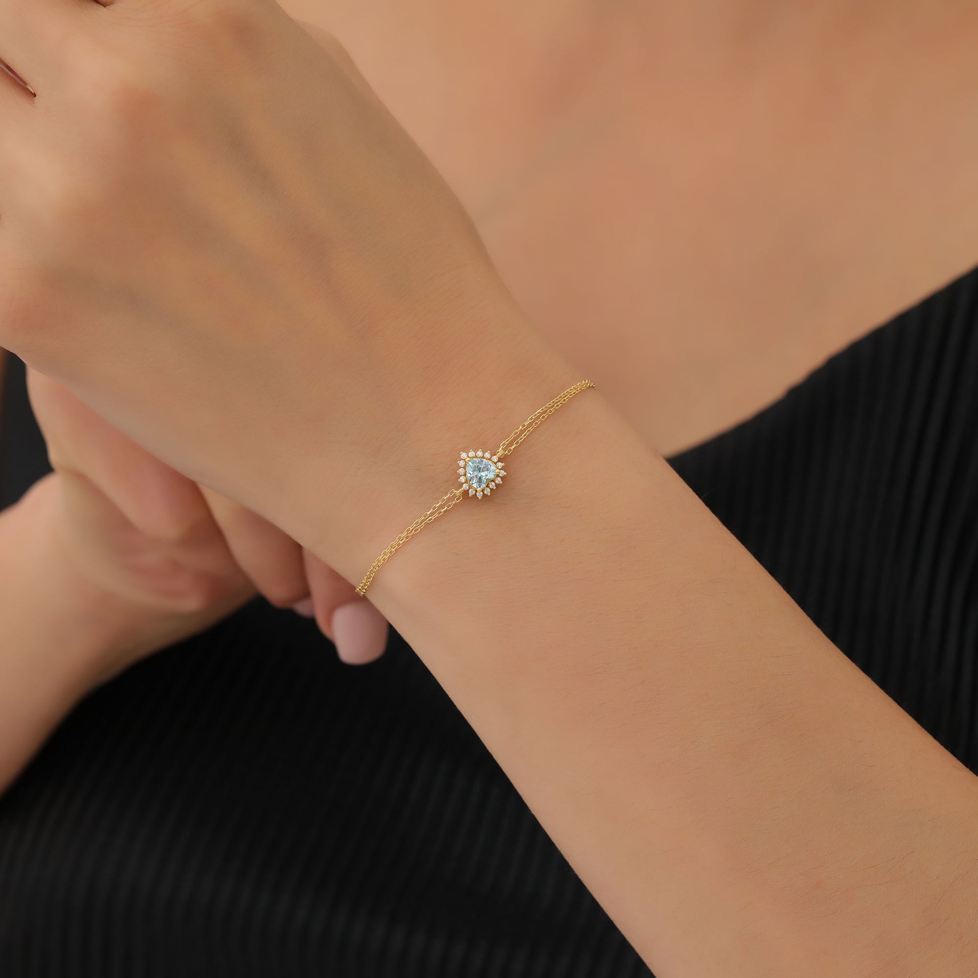 Aquamarine Heart Bracelet by 16 Real Diamonds in 14K Solid Gold, March Birthstone Jewelry Queen Jewelry Bracelet