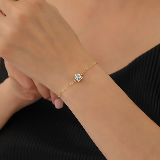 Aquamarine Heart Bracelet by 16 Real Diamonds in 14K Solid Gold, March Birthstone Jewelry Queen Jewelry Bracelet