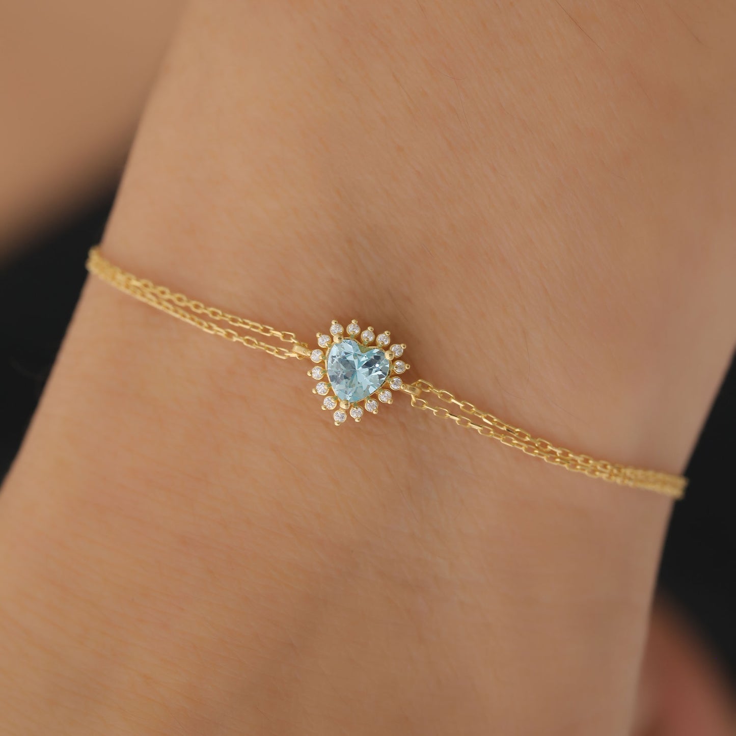 Aquamarine Heart Bracelet by 16 Real Diamonds in 14K Solid Gold, March Birthstone Jewelry Queen Jewelry Bracelet