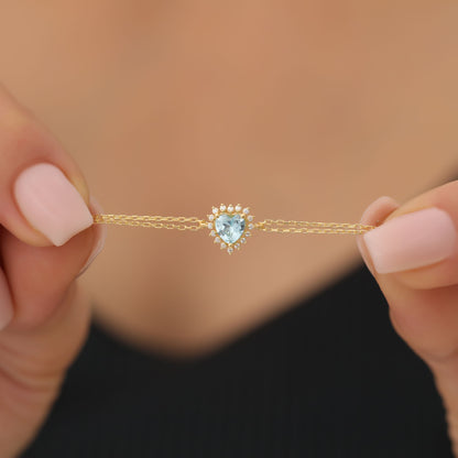 Aquamarine Heart Bracelet by 16 Real Diamonds in 14K Solid Gold, March Birthstone Jewelry Queen Jewelry Bracelet