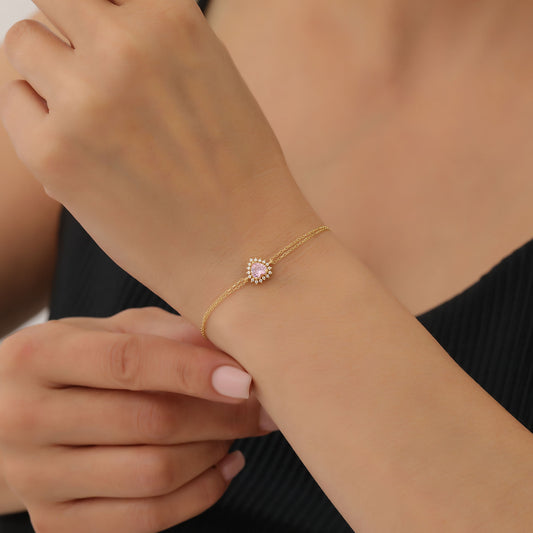 Pink Tourmaline Heart Bracelet by 16 Real Diamonds in 14K Solid Gold, October Birthstone Jewelry Queen Jewelry Bracelet