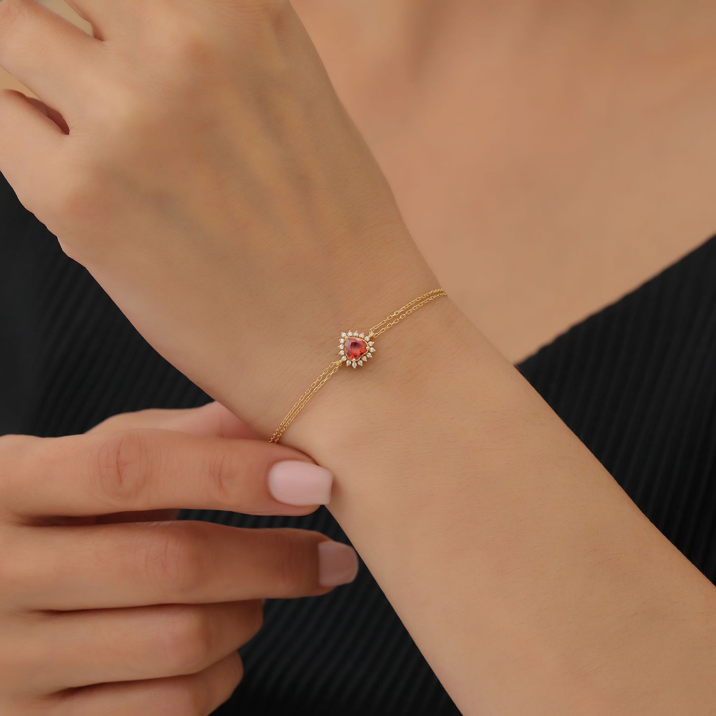 Garnet Heart Bracelet by 16 Real Diamonds in 14K Solid Gold, January Birthstone Jewelry Queen Jewelry Bracelet