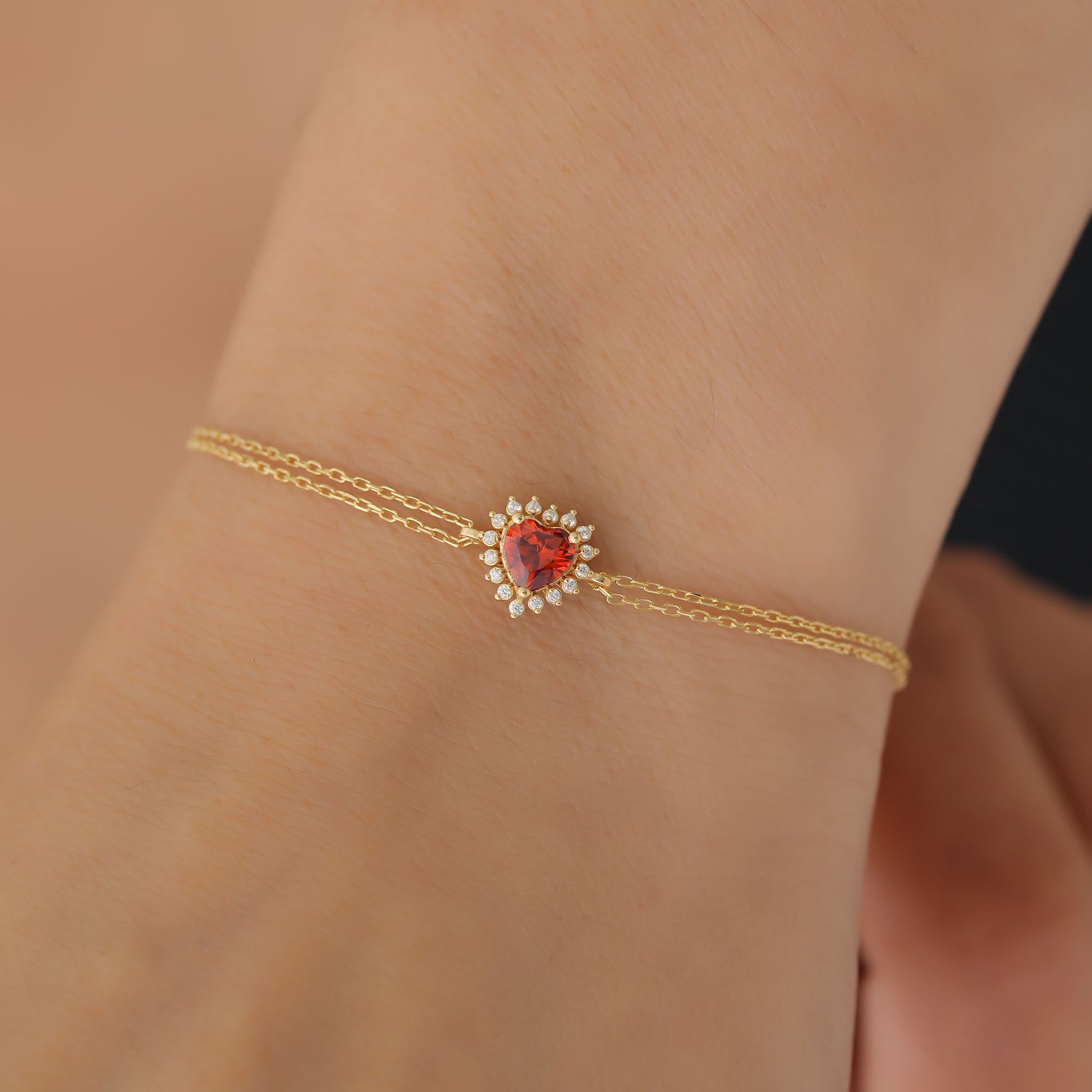 Garnet Heart Bracelet by 16 Real Diamonds in 14K Solid Gold, January Birthstone Jewelry Queen Jewelry Bracelet