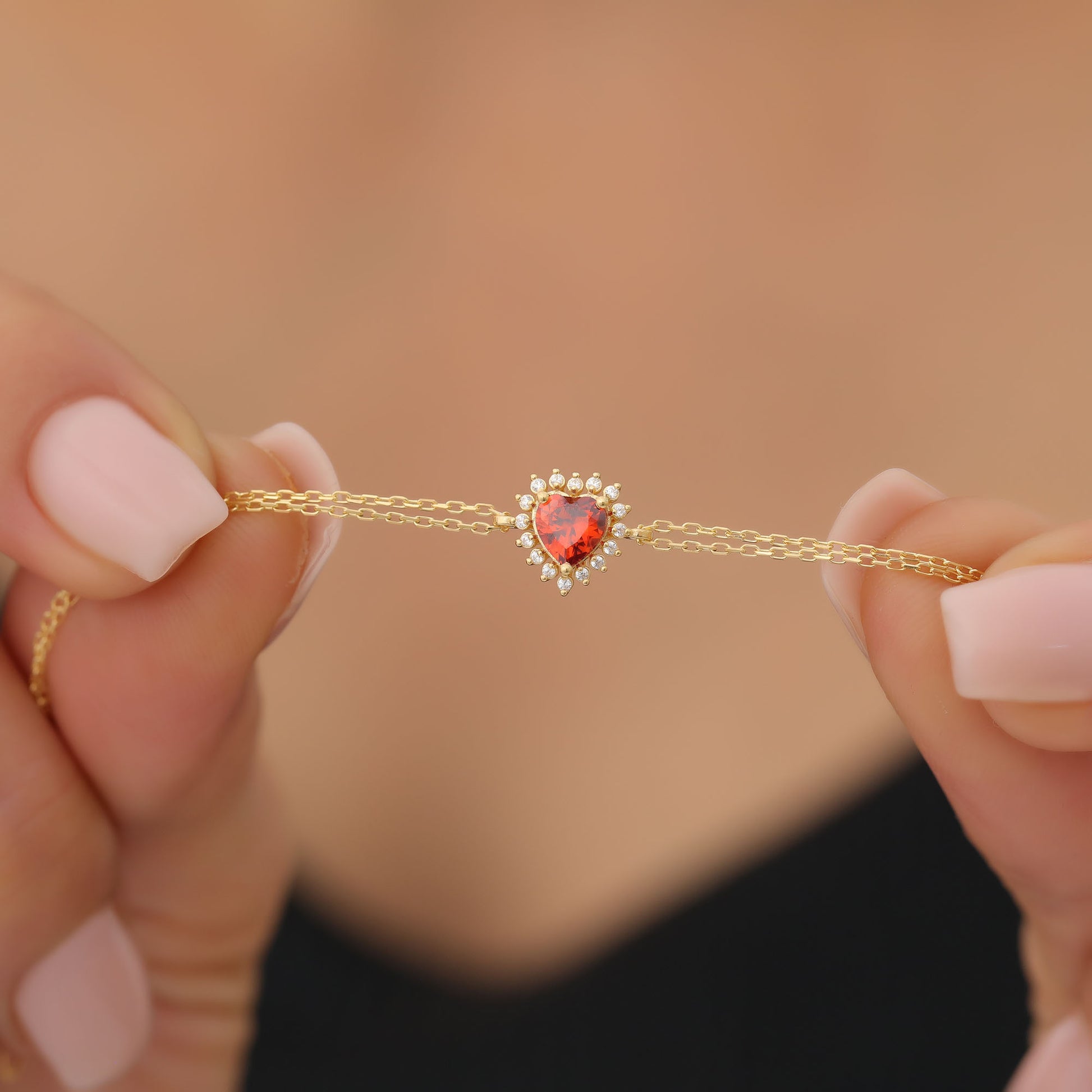 Garnet Heart Bracelet by 16 Real Diamonds in 14K Solid Gold, January Birthstone Jewelry Queen Jewelry Bracelet