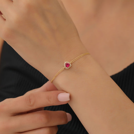 Ruby Heart Bracelet by 16 Real Diamonds in 14K Solid Gold, July Birthstone Jewelry Queen Jewelry Bracelet