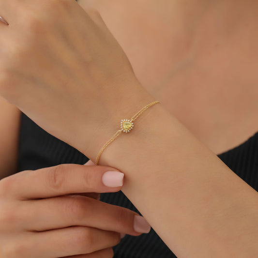 Yellow Topaz Heart Bracelet by 16 Real Diamonds in 14K Solid Gold, Birthstone Jewelry Queen Jewelry Bracelet