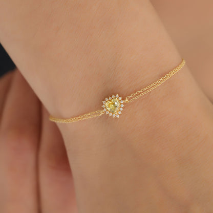 Yellow Topaz Heart Bracelet by 16 Real Diamonds in 14K Solid Gold, Birthstone Jewelry Queen Jewelry Bracelet