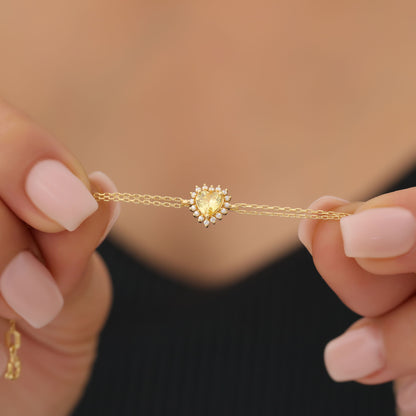 Yellow Topaz Heart Bracelet by 16 Real Diamonds in 14K Solid Gold, Birthstone Jewelry Queen Jewelry Bracelet