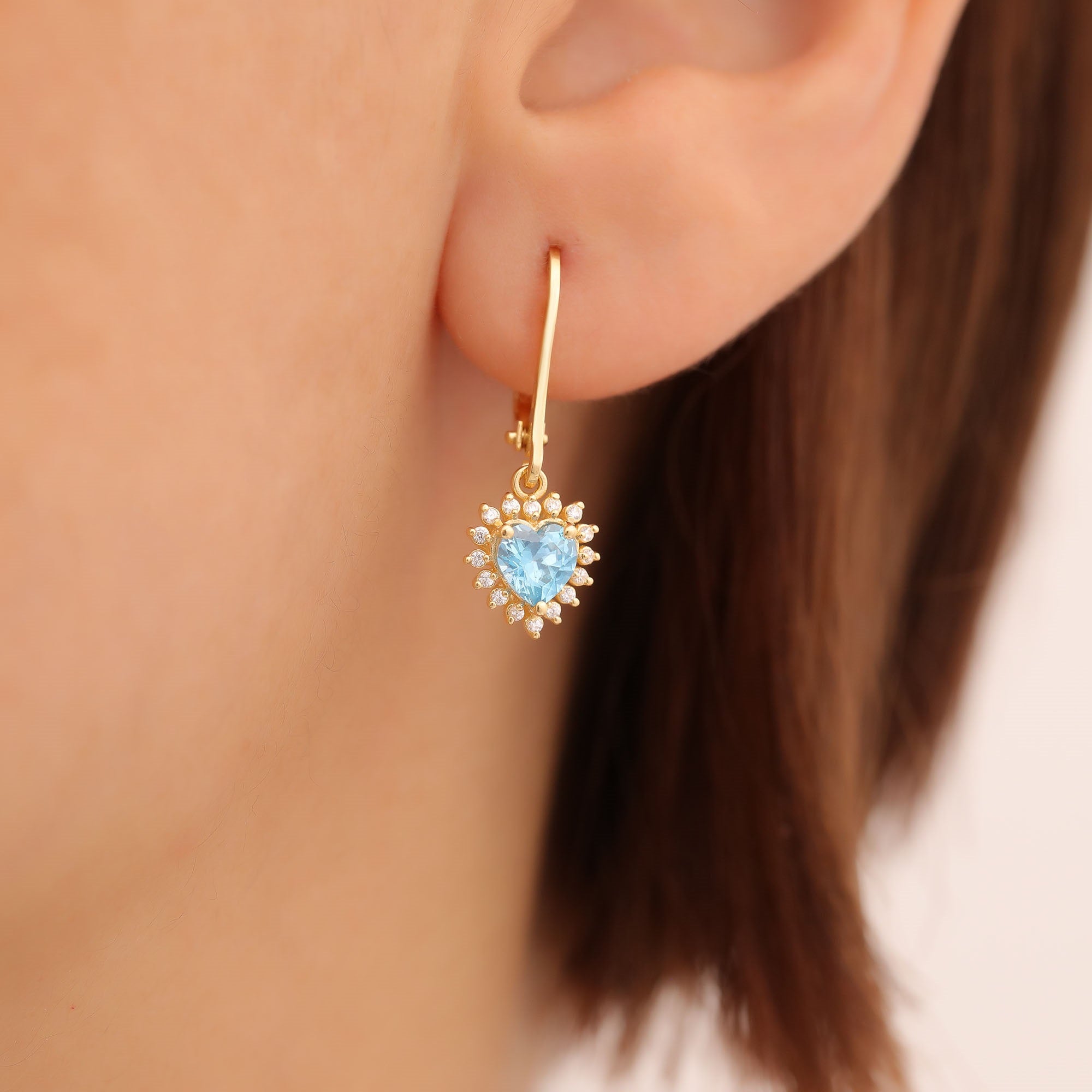 Blue Topaz Heart Dangle Earring by Real Diamonds in 14K Solid Gold, December Birthstone Jewelry Queen Jewelry Earrings