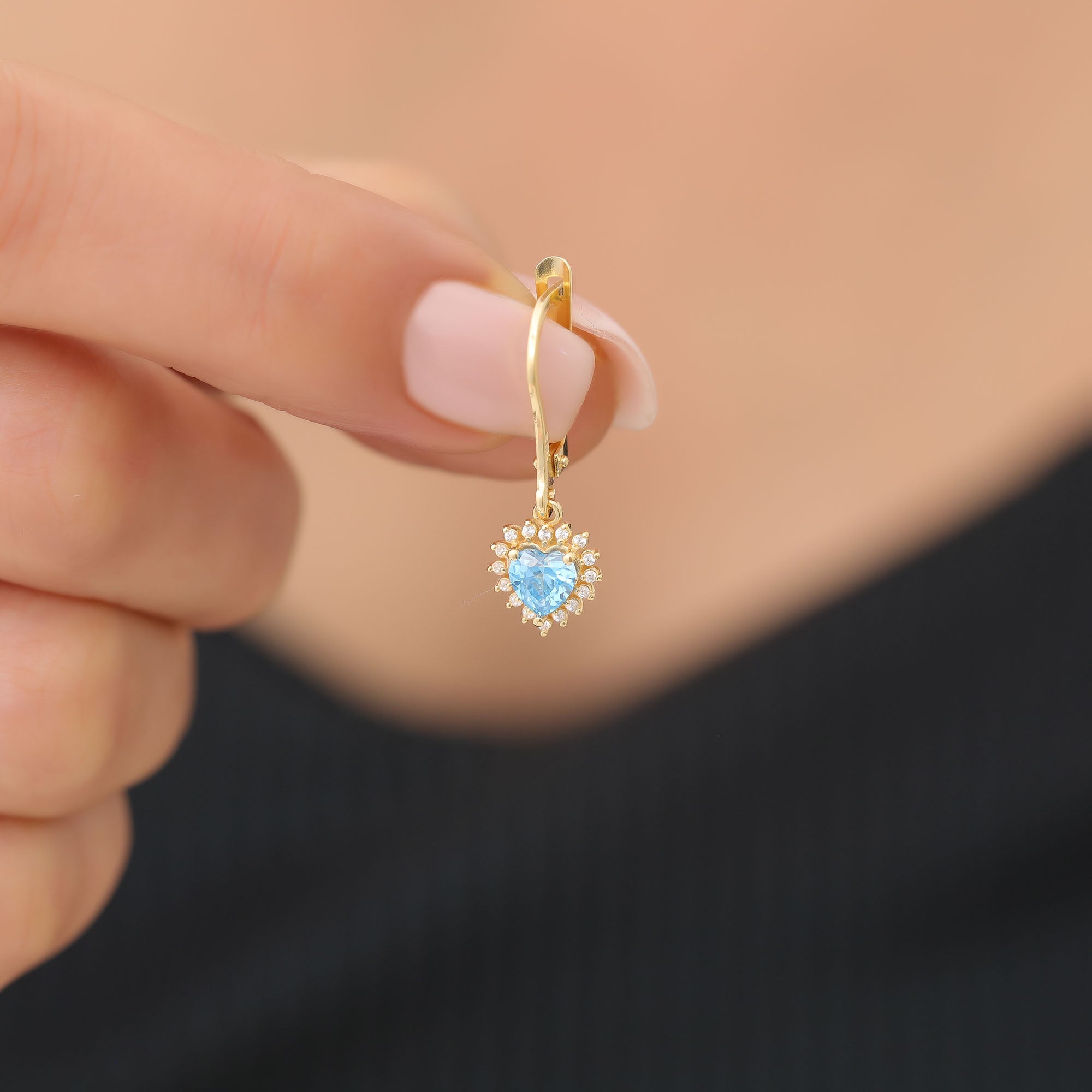 Blue Topaz Heart Dangle Earring by Real Diamonds in 14K Solid Gold, December Birthstone Jewelry Queen Jewelry Earrings