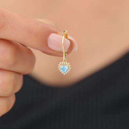 Blue Topaz Heart Dangle Earring by Real Diamonds in 14K Solid Gold, December Birthstone Jewelry Queen Jewelry Earrings