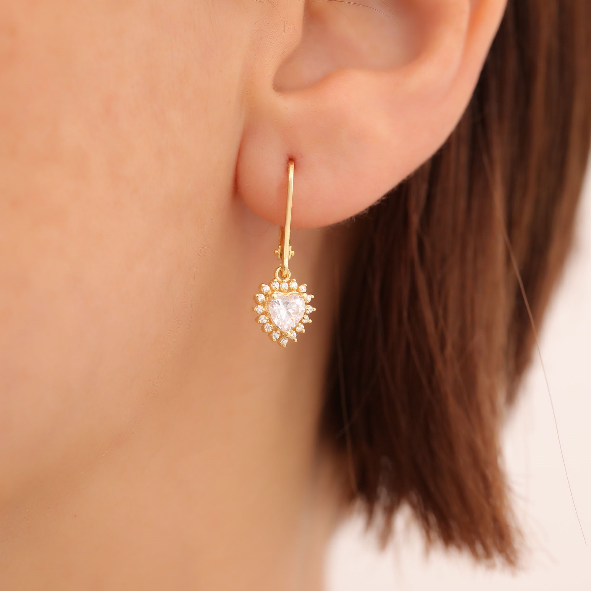 White Topaz Heart Dangle Earring by Real Diamonds in 14K Solid Gold, Birthstone Jewelry Queen Jewelry Earrings