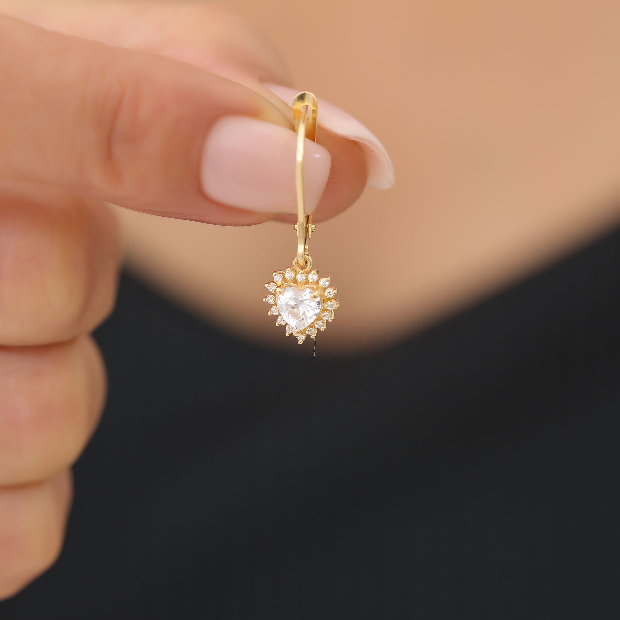 White Topaz Heart Dangle Earring by Real Diamonds in 14K Solid Gold, Birthstone Jewelry Queen Jewelry Earrings